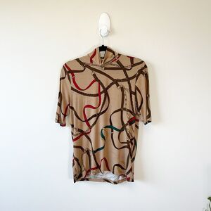 Lauren Ralph Lauren Women's Equestrian Print Turtleneck Elbow Sleeve Top Large